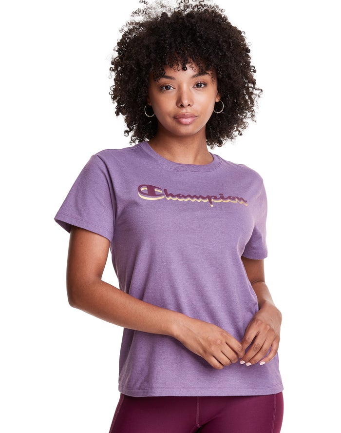 Champion T-Shirt Dames - Paars - Classic Drop Shadow Foil Script Logo ( 748163-YGT )